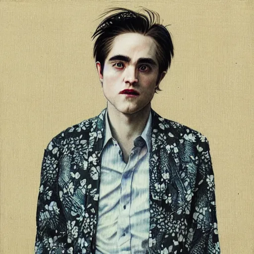 Image similar to “ robert pattison portrait by ikenaga yasunari and ayana otake and ko rakusui, drawing, realistic, sharp focus, japanese, dreamy, nostalgia, faded, golden hues, floral clothes ”