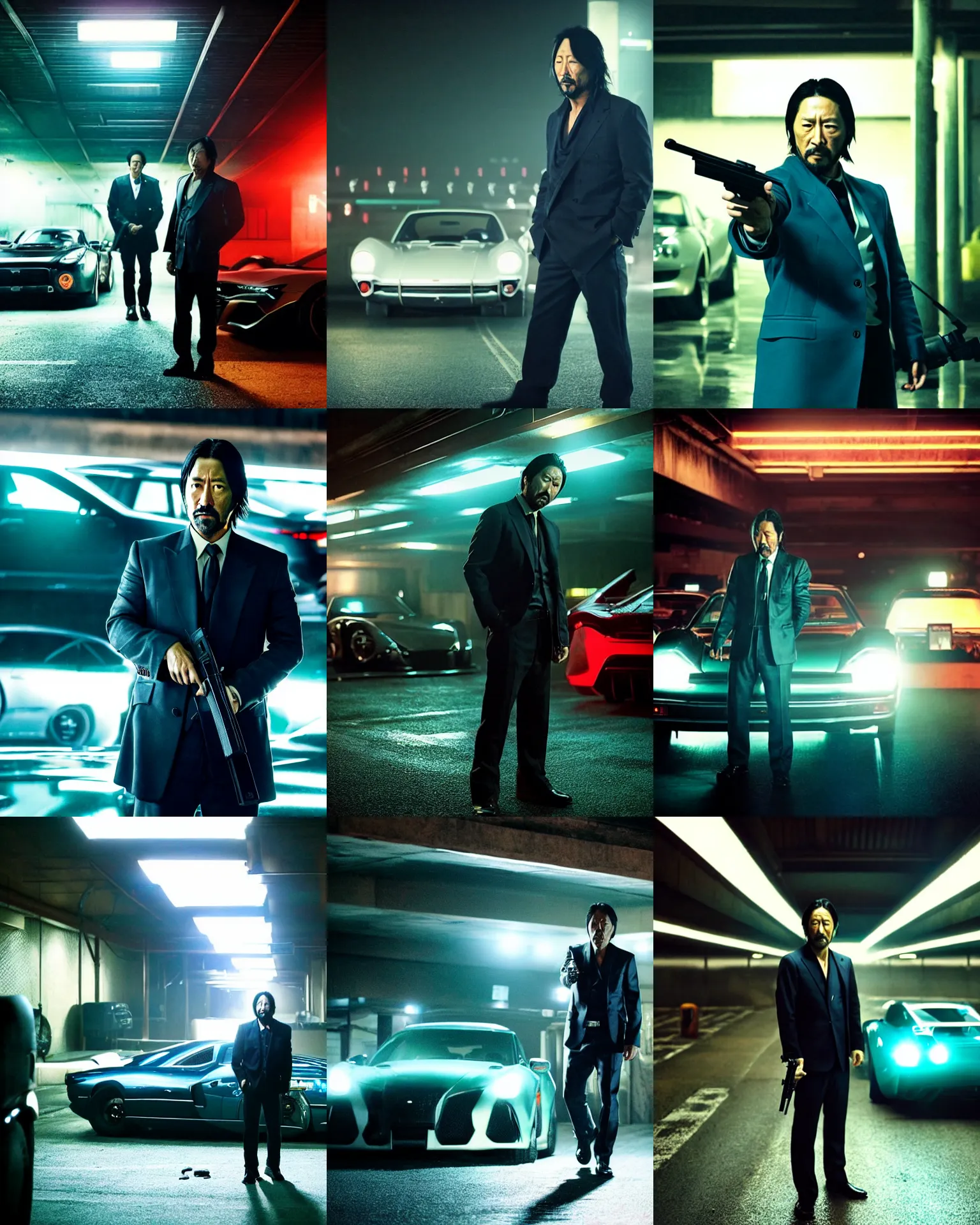 Image similar to denis villeneuve movie still of hiroyuki sanada as yakuza by greg rutkowski in an underground parking lot, holding a gun, many exotic cars, rack focus, close establishing shot, monochromatic teal, dark teal lighting, soft dramatic lighting, 4 k digital camera