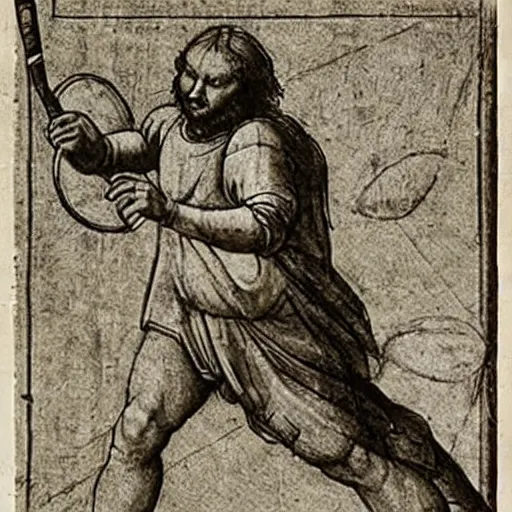 Prompt: Leonardo da Vinci playing tennis