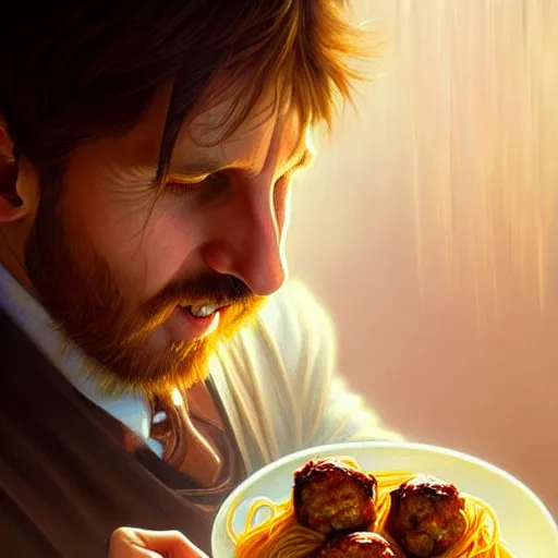 Image similar to Messi eating spaghetti with meatballs, closeup, D&D, fantasy, intricate, elegant, highly detailed, digital painting, artstation, concept art, matte, sharp focus, illustration, art by Artgerm and Greg Rutkowski and Alphonse Mucha