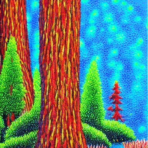 Prompt: pointillism sculpture of redwoods on a lake