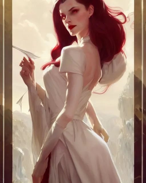 Prompt: tall girl, white hair, white dress, red lips, long hair, deep focus, d & d, fantasy, sophisticated, elegant, high detail, digital painting, artstation, concept art, matte, clear focus, illustration, hearthstone, works by artgerm, greg rutkowski and alphonse mucha