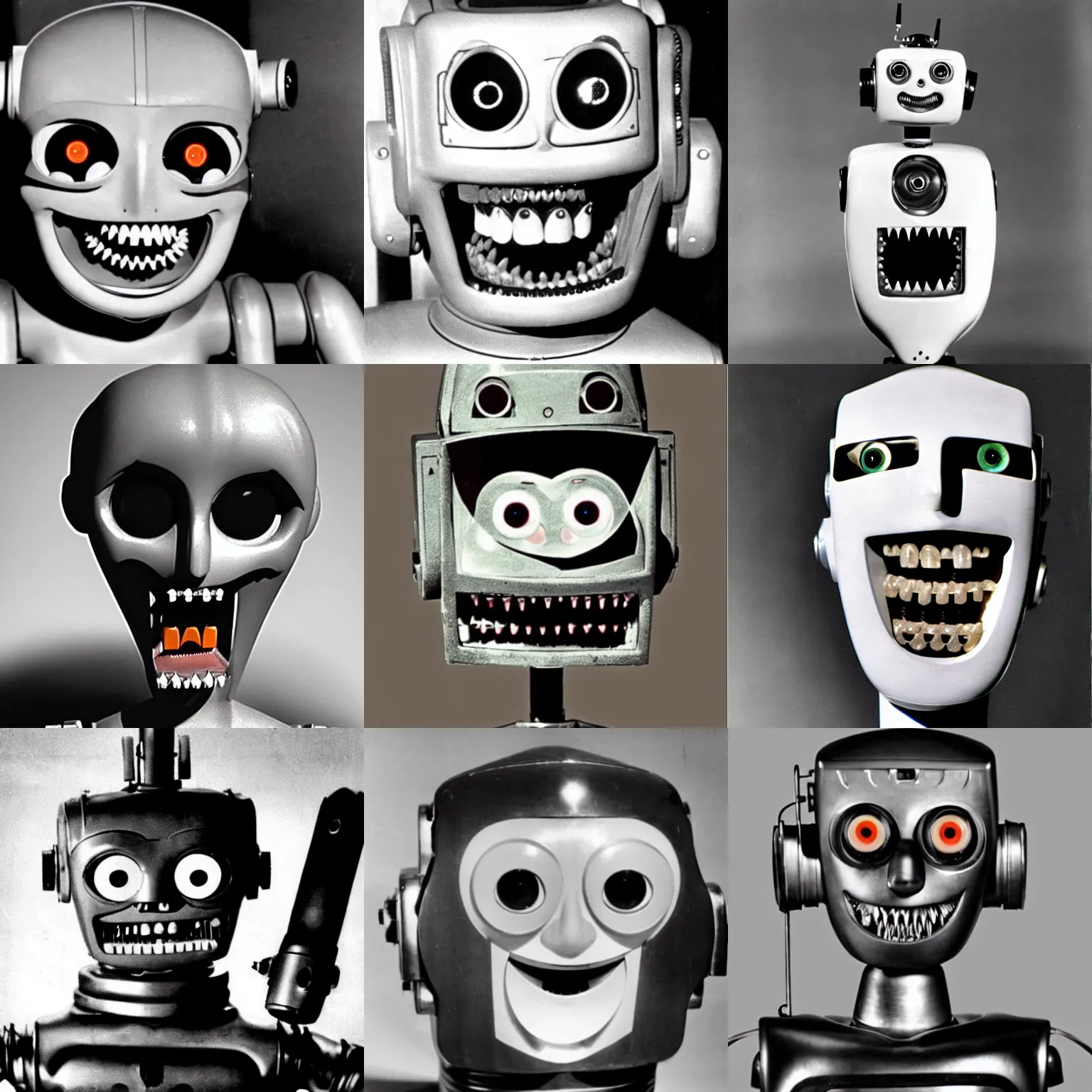 Prompt: a horrifying terrifying robot created in 1950. scary petrifying deadly teeth, wide eyes with small pupils staring into your soul, uncanny valley