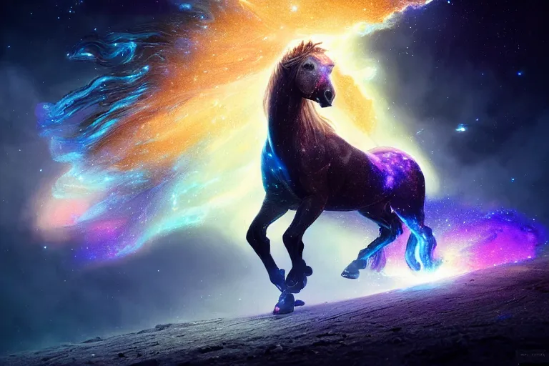 Prompt: a stunning horse made of illuminated stardust particles running through a space nebula by greg rutkowski, high key lighting, volumetric light, digital art, highly detailed, fine detail, intricate, ornate, complex, octane render, unreal engine, photorealistic