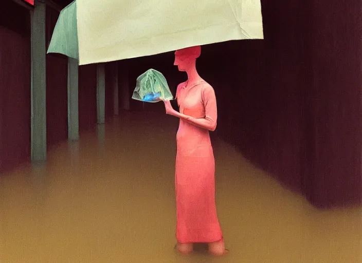 Image similar to woman in vr headset dressed in plastic bags in paper bag over the head on flooded street Edward Hopper and James Gilleard, Zdzislaw Beksinski, highly detailed