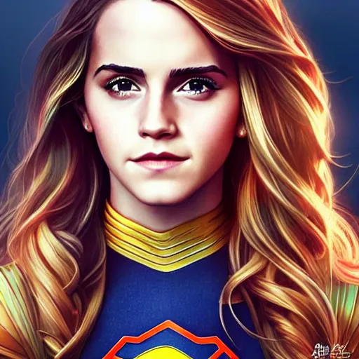 Prompt: emma watson as supergirl, realistic, intricate, elegant, art by artgerm and wlop