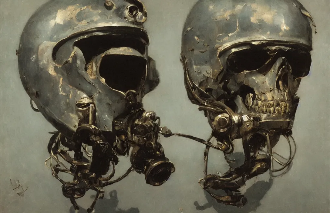 Image similar to portrait of deep sea diver helmet, detailed skull face, detailed painting, epic lighting, by ilya repin, phil hale and kent williams