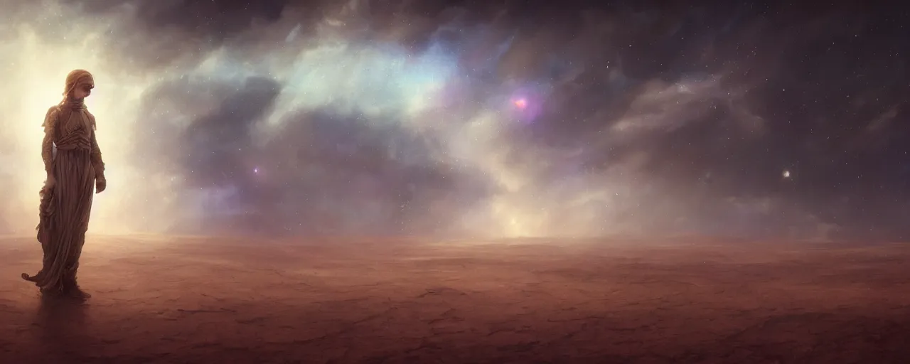 Image similar to a masterpiece oil painting of an interstellar traveler wandering through a desert made of cloud nebulas, by Tom Bagshaw and Alphonse Mucha and James Jean and John Williams Waterhouse, rendered in Octane and Cinema4D, 8k, volumetric lighting, concept art, ArtStation, fantasy, extremely moody lighting, cinematic, atmospheric, depth of field, intricate, elegant, highly detailed, digital painting, very coherent artwork