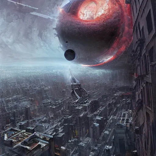 Image similar to black hole rising above city, city destroyed by shockwave, black hole with accretion disс, digital art, art by stefan koidl, brock hofer, marc simonetti