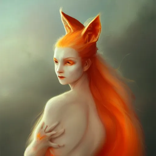Prompt: prompt A beautiful portrait of a white red orange kumiho, translucent silky dress, close up, fullface, long clumpy hair in the shape of fox tail, backlit, concept art, matte painting, by Peter Mohrbacher