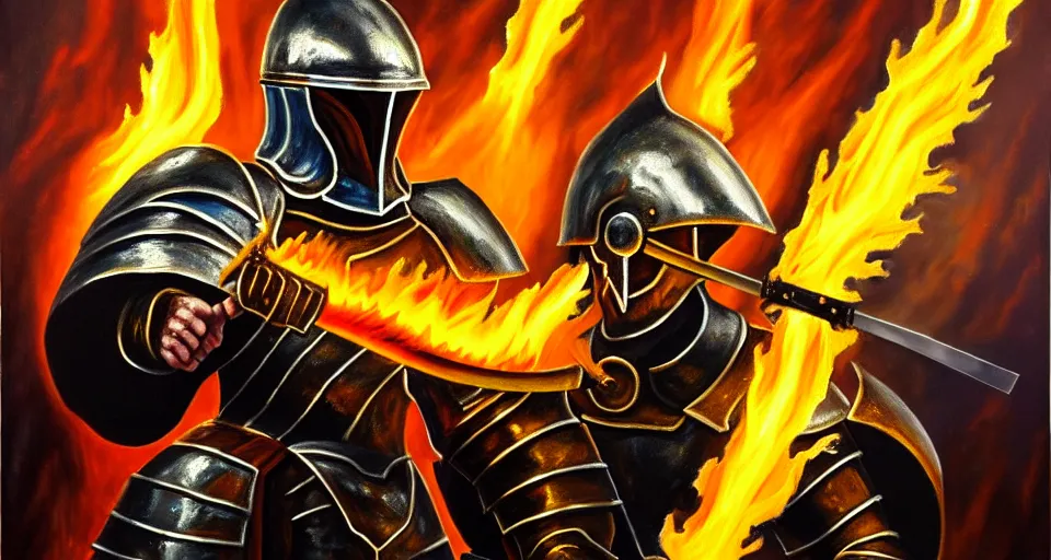 Image similar to An oil painting of a knight in dark metal armor wielding a flaming sword