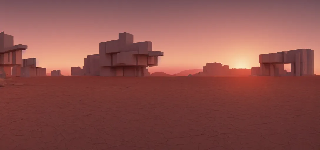 Prompt: view from the desert ground of futuristic blocky brutalist structure at dusk, the sun has just set, glowing heat haze, mirage, light rays, symmetry, cinematic lighting, ultra detailed, sharp, ambient occlusion, bloom, raytracing, by greg rutowski, finnian macmanus and jessica rossier