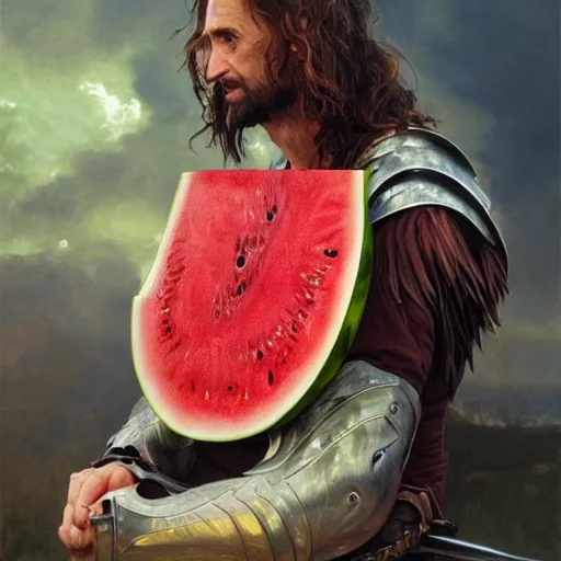 Prompt: a watermelon as aragorn by alan lee, leather armor, golden hour, concept art, detailed clothing, art station, oil painting, art by artgerm and greg rutkowski and alphonse mucha