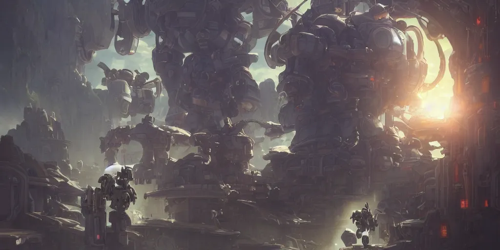 Image similar to robot mech with a soldier cobtrolling it from made in abyss by akihito tsukushi, backlight, centered rim lighting, deep focus, d & d, fantasy, intricate, elegant, highly detailed, digital painting, artstation, concept art, matte, sharp focus, illustration, hearthstone, art by artgerm and greg rutkowski and alphonse mucha