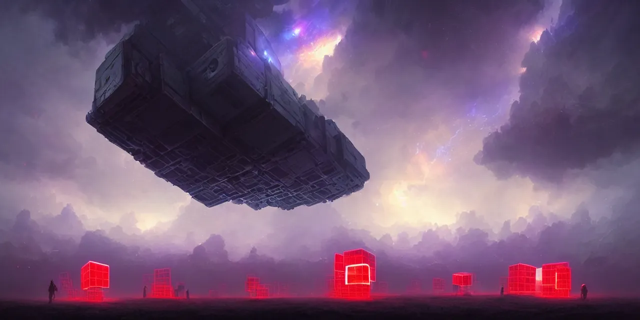 Prompt: a fleet of giant glowing futuristic cubes tied to each other with lots of thick messy wires in the sky, a fantasy magical landscape seen in the distance, atmospheric lighting, intricate, volumetric lighting, beautiful, sharp focus, ultra detailed, in the art style of marc simonetti, bowater charlie and brom gerald, astrophotography