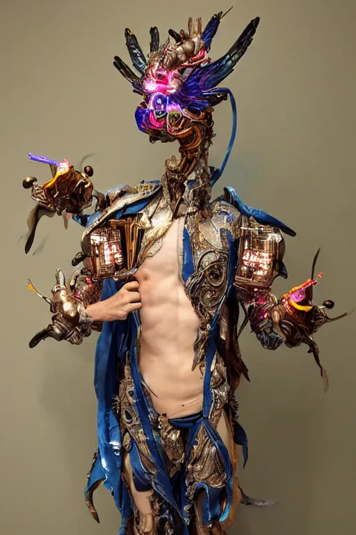 Image similar to full-body bladerunner style sculpture of a young handsome Colombian prince as a half cibernetic android with a chest opening exposing circuitry and electric sparks, glowing pink eyes, crown of blue flowers, flowing salmon-colored silk, fabric, raptors. baroque elements. full-length view. baroque element. intricate artwork by caravaggio. many many birds birds on background. Trending on artstation, octane render, cinematic lighting from the right, hyper realism, octane render, 8k, depth of field, 3D