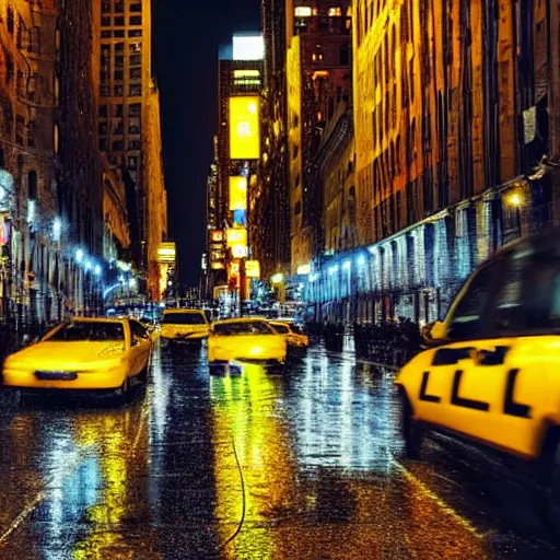 Image similar to « a man walking in a night raining streets, new york, big city, taxi, yellow cars, shops one the side with neons »