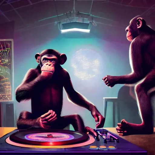 Image similar to a chimp dj in nightclub, people dancing in background, anatomy, bathed in light, highly detailed, photorealistic, artstation, smooth, sharp focus, illustration, unreal engine 5, 8 k, art by artgerm and greg rutkowski and edgar maxence