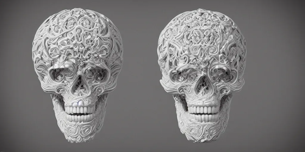 Image similar to curly gothic baroque tiki skull head , intricate ornate marble carving, white background, sculpture, hyper-realistic, micro details, focused, dramatic, sophisticated, soft surface, professional photography, overhead dramatic light, medium-shot, 3d art, artstation, CGsociety, 3d render, environmental key art, octane render, weta digital, 3d sculpture, structure, render in octane, unreal engine, ray trace 4k, cinematic ,dynamic light, amazing details, beautiful ,