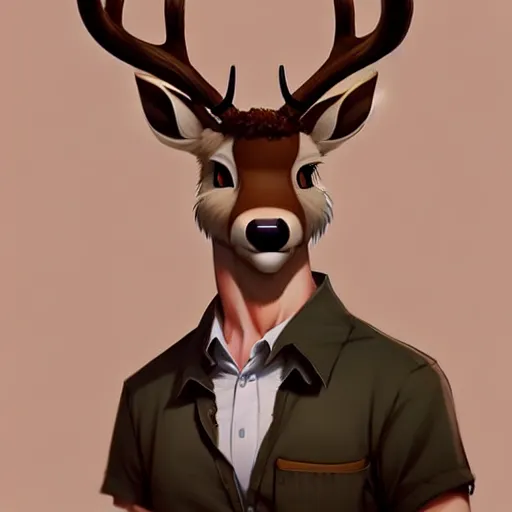 Image similar to character design portrait of a kind anthropomorphic furry deer man with deer ears, short brown hair, wearing a shirt, looking at the camera, 4 k, concept art, by wlop, ilya kuvshinov, artgerm, krenz cushart, pixiv.