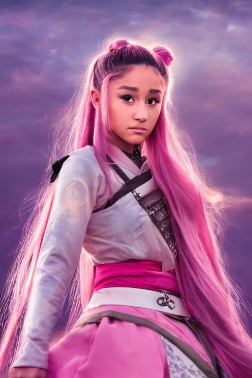 Prompt: highly detailed beautiful photo of a ariana grande as a young female samurai, practising sword stances, symmetrical face, beautiful eyes, pink hair, realistic anime art style, 8 k, award winning photo, pastels colours, action photography, 1 / 1 2 5 shutter speed, sunrise lighting