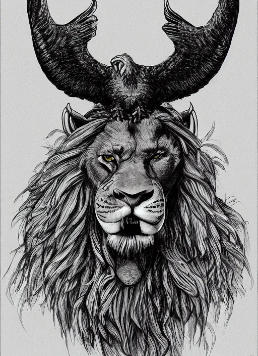 Image similar to a mighty strong creature with the body and eyes of a man, with the beak of an eagle, the mane of a lion, and the horns of an ox. drawn by boris valejo