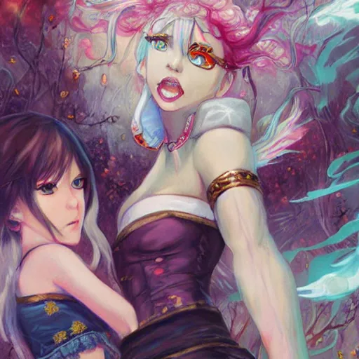 Image similar to Shion and Rimuru Tempest in the style of Magic The Gathering MTG by Hikari Shimoda and Charlie Bowater