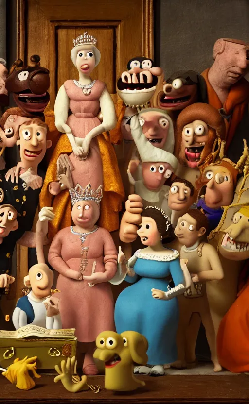 Image similar to god saves the queen, claymation, epic, ( ( renaissance painting ) ), in the style of wallace and gromit