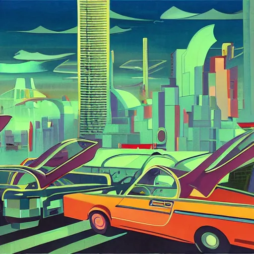 Image similar to flying cars, megacity, the jetsons. Painting by Wyndham Lewis. vaporwave, intricate, hyperrealistic, ultra fine detail, ultra high resolution, fine texture detail, cinematic, 8k, photorealistic, epic photo, trending on artstation