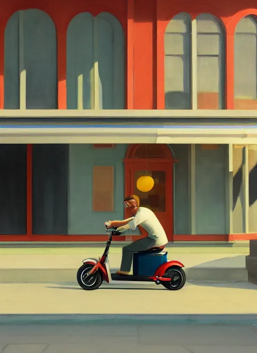 Prompt: A man rolling into the sunset on an electric scooter in a small town setting by Edward Hopper and James Gilleard, 8k, octane render, ultra sharp, detailed digital art