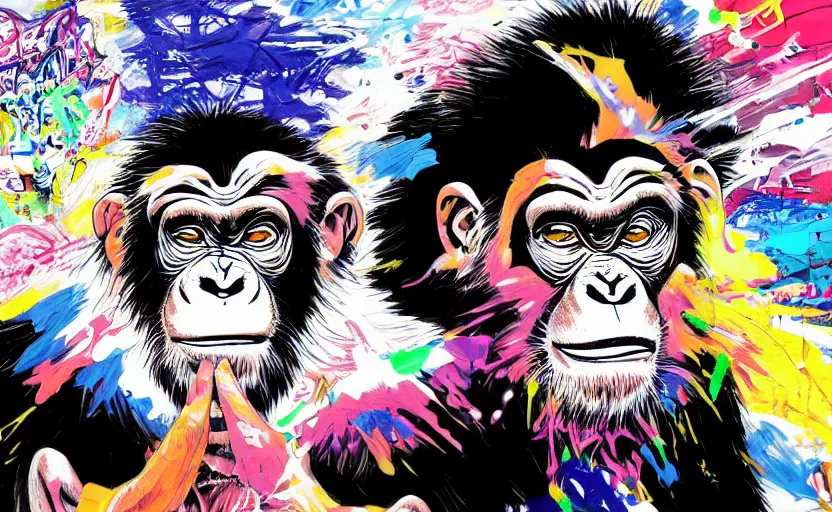 Prompt: a chimpanzee graffiti artist, digital painting masterpiece, painted by joji morikawa, by osamu tezuka, by yukito kishiro, by ikuto yamashita, 4 k wallpaper, beautiful, gorgeous