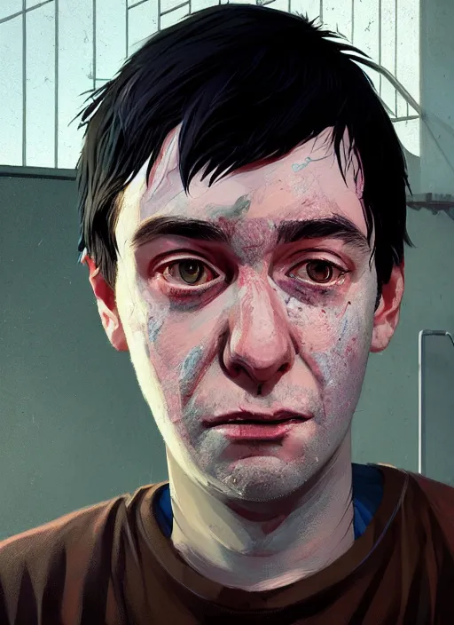 Image similar to Highly detailed full-body portrait of homeless and beaten up Martin Shkreli, in GTA V, Stephen Bliss, unreal engine, fantasy art by Greg Rutkowski, Loish, Rhads, Makoto Shinkai and Lois van baarle, ilya kuvshinov, rossdraws, Tom Bagshaw, global illumination, radiant light, detailed and intricate environment