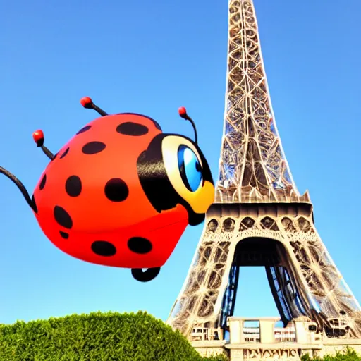 Image similar to Superhero Ladybug from Disney posing in front of the Eiffel tower in front of a blue sky on a sunny day, dynamic camera angle