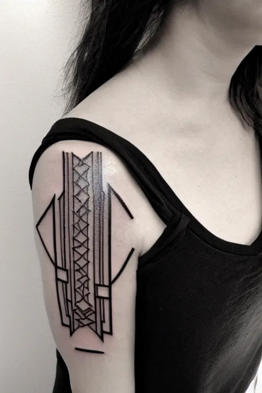 Prompt: straight mirrored minimalist art deco shoulder tattoo, wide, intricate detail, simple lines