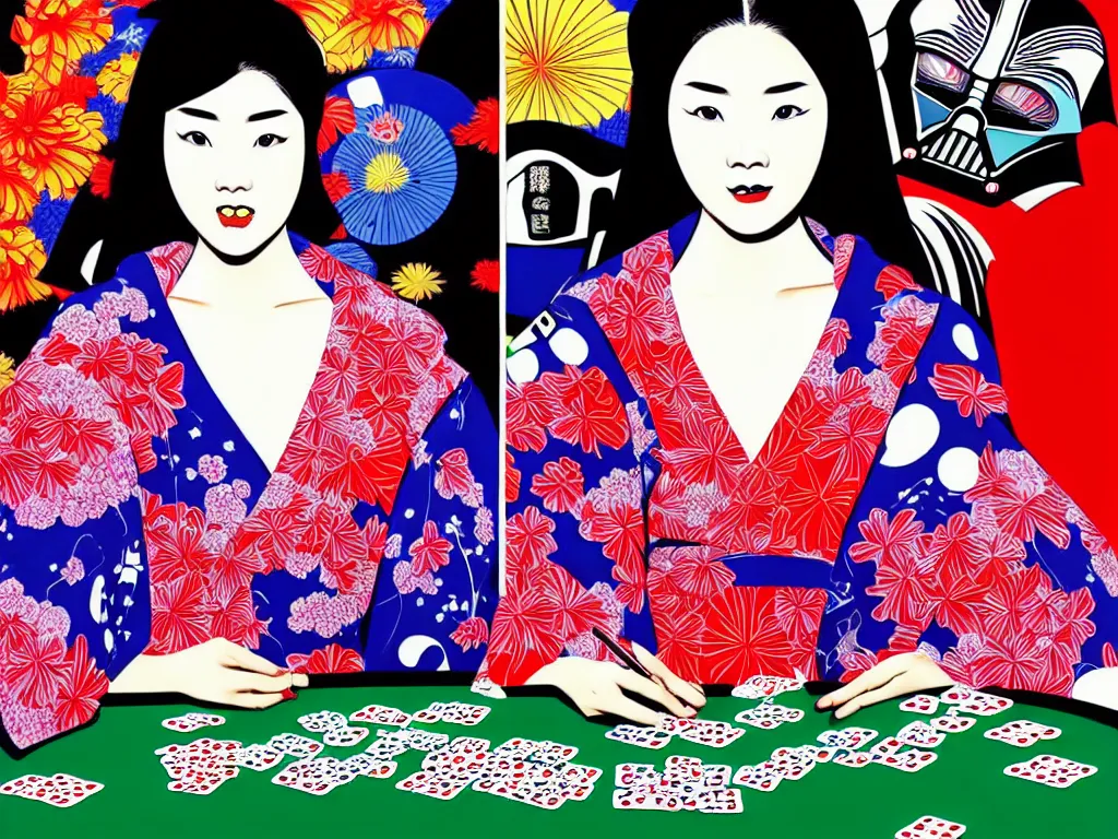 Image similar to hyperrealistic composition of the detailed woman in a japanese kimono sitting at a extremely detailed poker table with detailed darth vader, fireworks, mount fuji on the background, pop - art style, jacky tsai style, andy warhol style, acrylic on canvas