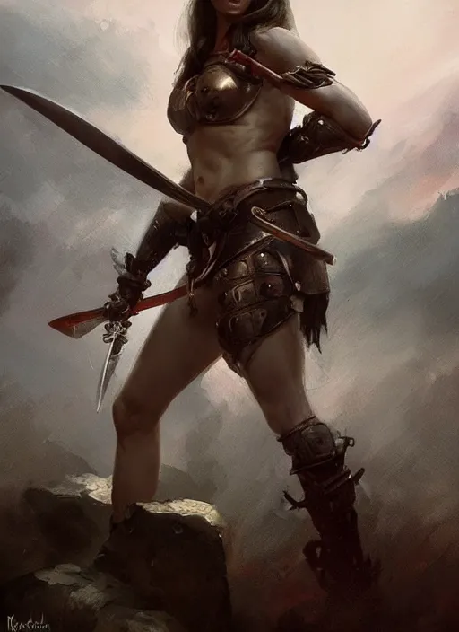 Image similar to hyper realistic photography, warrior girl with sword in her hand, full body, rule of thirds, human proportion, good anatomy, beautiful face, conceptart, saturated colors, cinematic, vallejo, frazetta, greg rutkowski