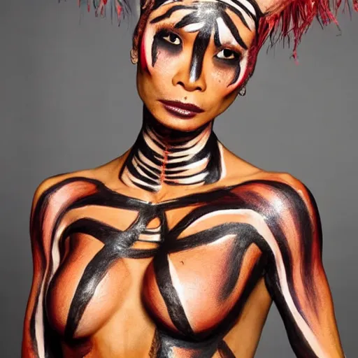 Prompt: bai ling wearing mummy bodypaint, hyper realistic, sharp focus, 4k