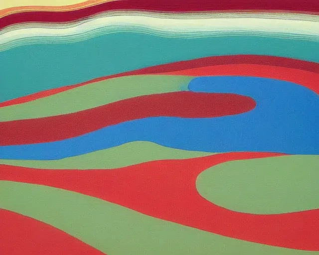 Image similar to A wild, insane, modernist landscape painting. Wild energy patterns rippling in all directions. Curves, organic, zig-zags. Saturated color. Mountains. Clouds. Rushing water. Wayne Thiebaud.