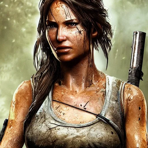 Image similar to film scene lara croft emerges from the river water, her face is covered with mud, part of the body is still in the river, it looks sweaty, hd