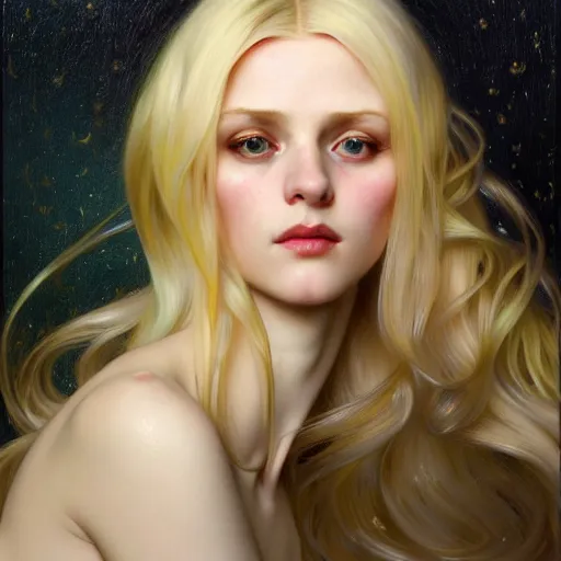 Prompt: portrait of a blonde girl surrounded by shimmering reflective, face, fantasy, intricate, elegant, dramatic lighting, highly detailed, lifelike, photorealistic, digital painting, artstation, concept art, smooth, sharp focus, illustration, art by John Collier and Krenz Cushart and Artem Demura and Alphonse Mucha and and Albert Aublet