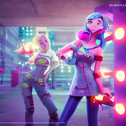 Image similar to a girl like (jinx, Princess peach), dancing, background jet ground radio, fullshot, raytrayced, octane render, epic composition, intricate details, hyperrealist, dark neon punk, by pixar