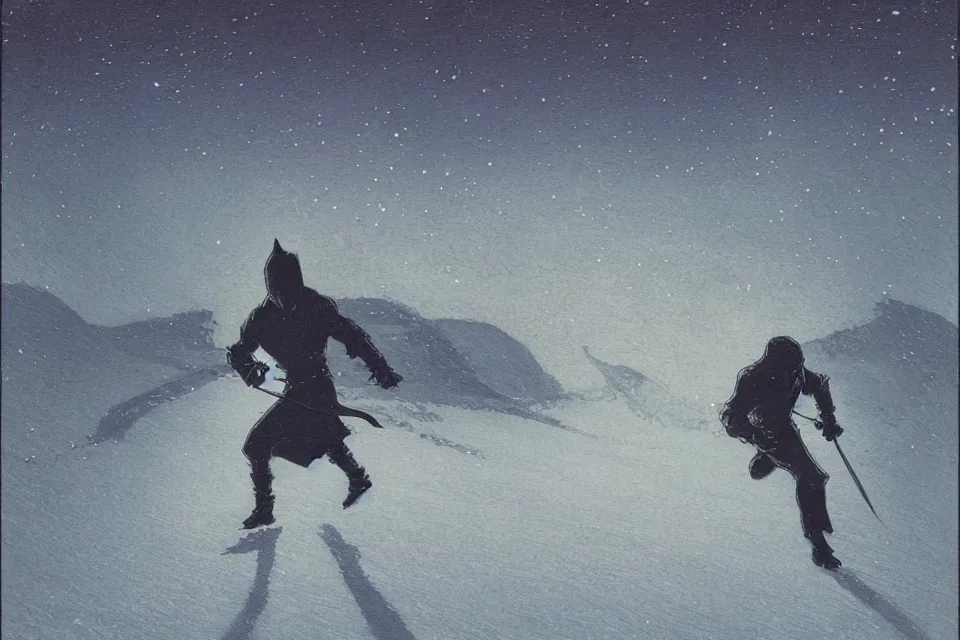 Image similar to atmospheric nightscene of a ninja running through a snow field by moebius and john harris, dynamic pose