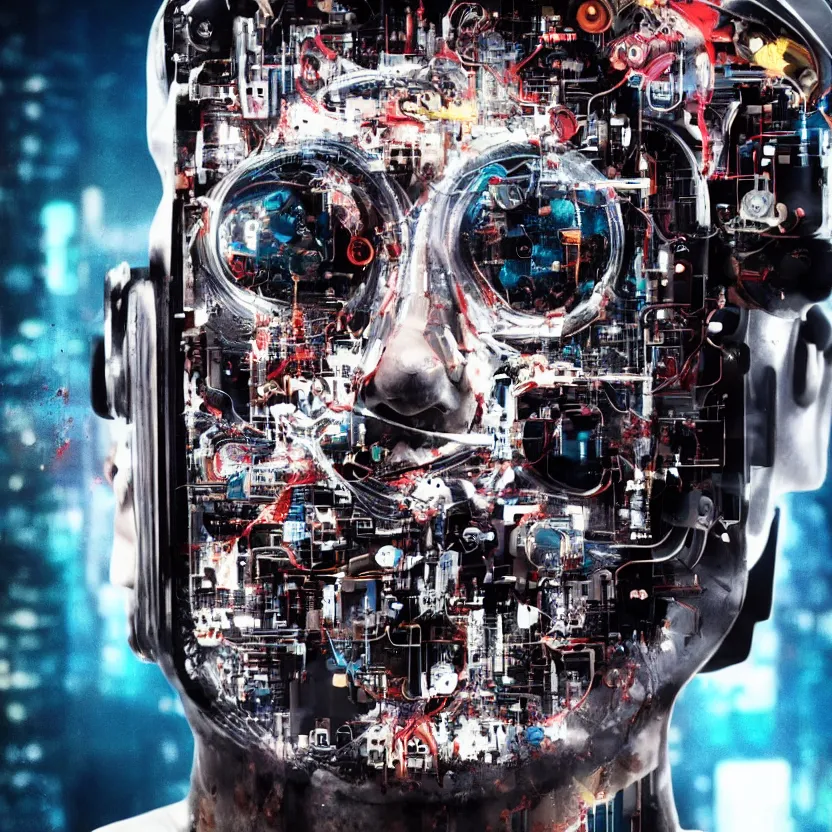 Image similar to Beautiful Photo of Arduino Uno in the man robot's head. Cyberpunk. splatterpunk. 4K
