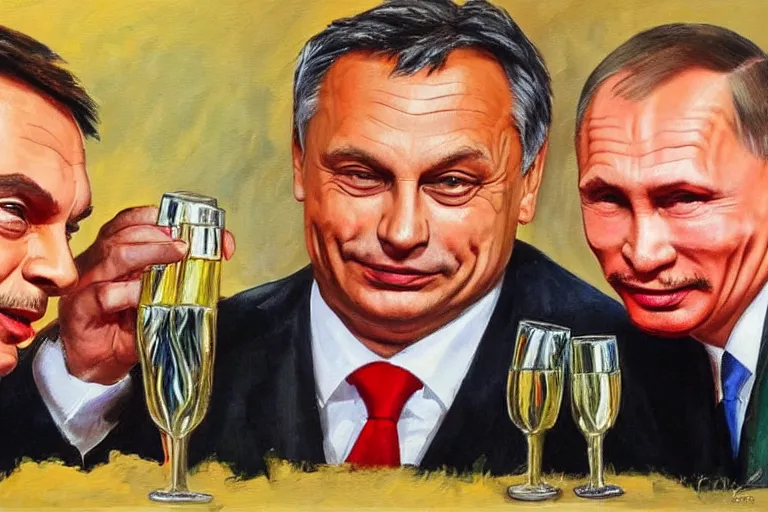 Prompt: viktor orban winking and drinking champagne with putin in front a burning city, oil painting