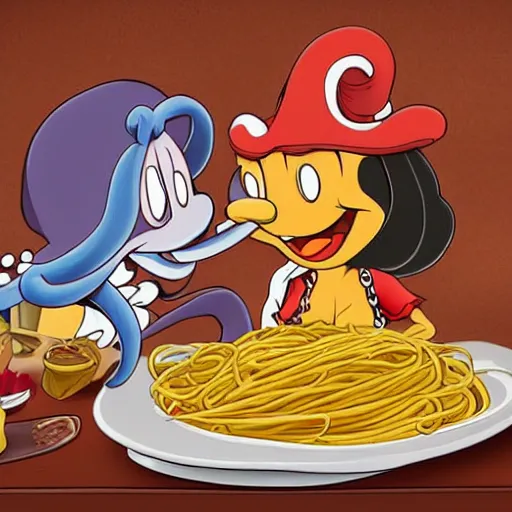 Image similar to an octopus and a pirate squid share a romantic plate of spaghetti and meatballs, in the style of Disney's Lady and the Tramp, cartoon,