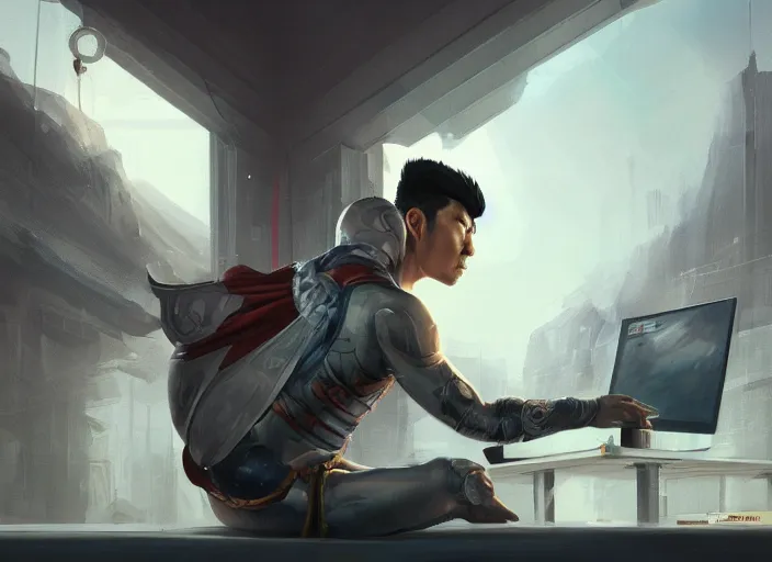 Image similar to an insanely detailed painting of an asian man wearing a homemade superhero costume, sitting at a desk, staring at the nervously at the computer and typing, in the style of peter mohrbacher, dramatic lighting and composition, surreal background, octane render, pixar, trending on artstation, concept art, comic book, view from behind