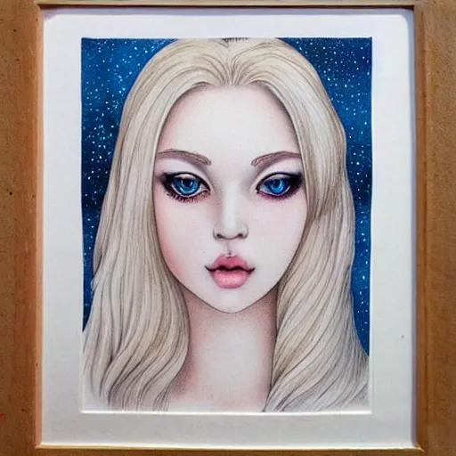 Image similar to beautiful pale blonde with giant soft dreamy liquid eyes. Fine detailed colored ink blotter art.