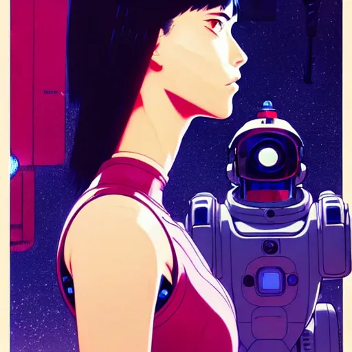 Image similar to side portrait scifi cyborg girl with robotic parts and spacesuit | | head only in center of image, audrey plaza, fine detail!! anime!! realistic shaded lighting!! poster by ilya kuvshinov katsuhiro otomo ghost - in - the - shell, magali villeneuve, artgerm, jeremy lipkin and michael garmash and rob rey