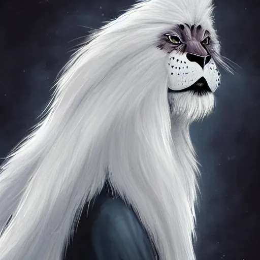 Image similar to extremely detailed cartoon portrait of a white panter with a very long fur and a wizard hat, fantasy, trending on artstation, heroic pose, illustration, highly detailed, profile picture, 8k