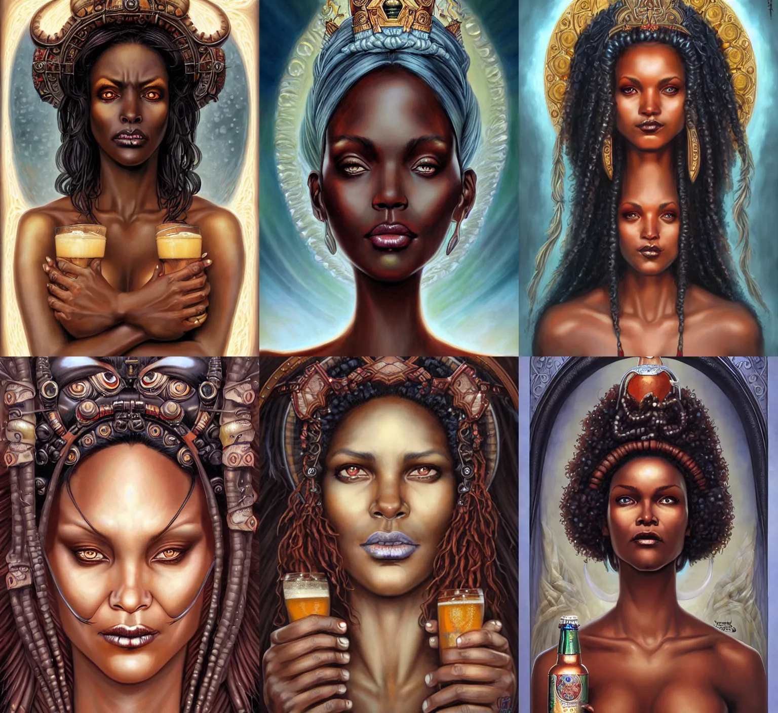 Image similar to stunning goddess of beers portrait, clear eyes and dark skin. realistic, symmetrical face. art by bowater charlie, mark brooks, julie bell, arian mark, tony sandoval